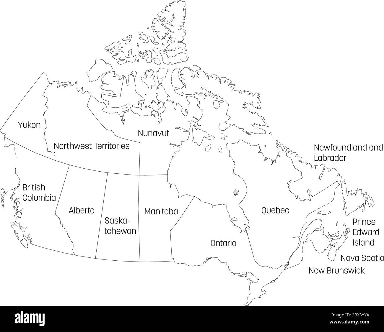 Map of Canada divided into 10 provinces and 3 territories. Administrative regions of Canada. White map with black outline and black region name labels. Vector illustration. Stock Vector
