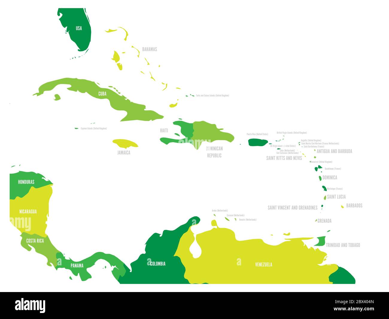 Central America and Caribbean states political map in four shades of green with black country names labels. Simple flat vector illustration. Stock Vector