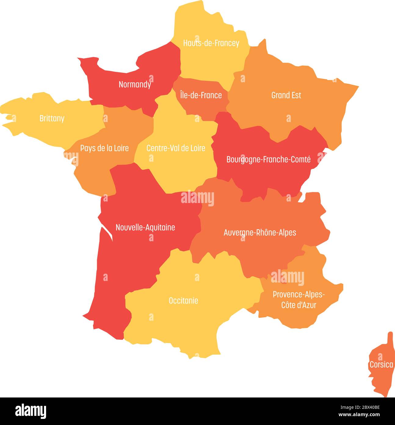 Map of France divided into 13 administrative metropolitan regions, since 2016. Warm colors. Vector illustration. Stock Vector