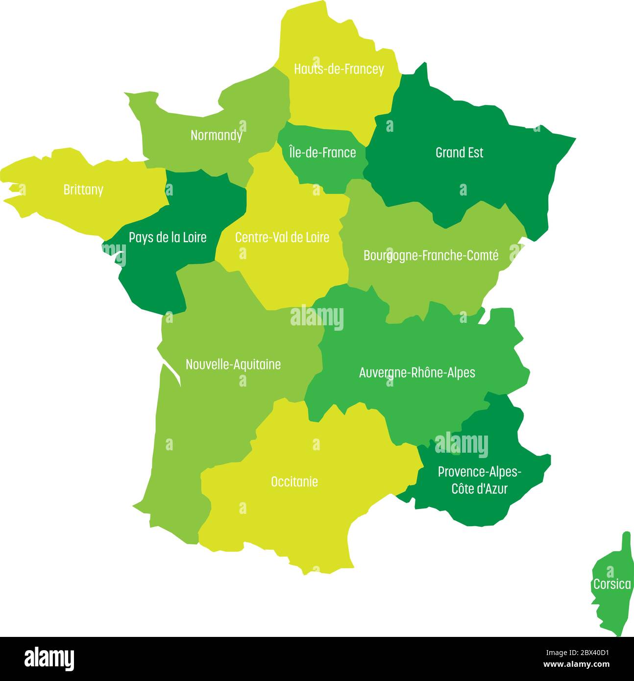 Map of France divided into 13 administrative metropolitan regions, since 2016. Four shades of