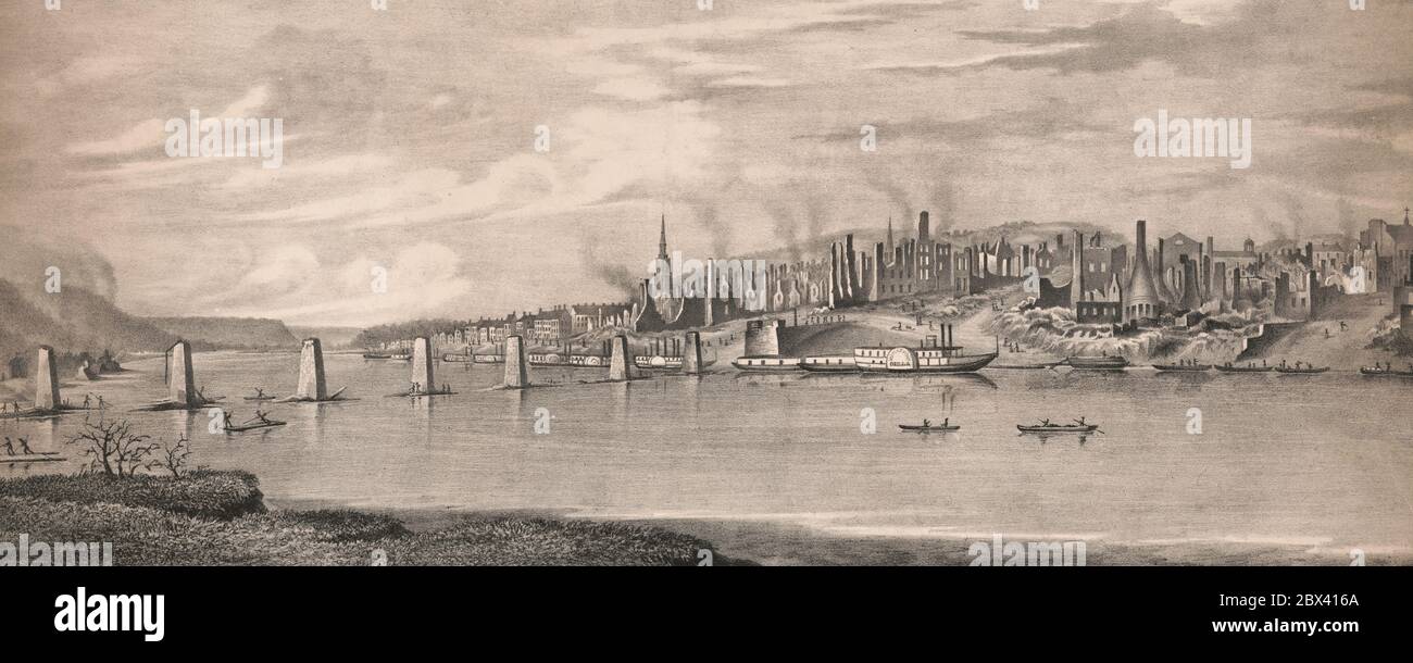 Great conflagration at Pittsburgh. View of the ruins of the city of Pittsburgh from near Birmingham -  Print shows a panoramic view from across the Monongahela River of the ruins of Pittsburgh after a fire destroyed a large portion of the city on April 10th, 1845 Stock Photo
