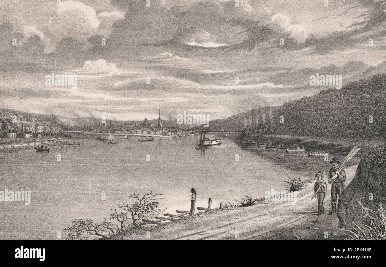 View of the city of Pittsburgh from near Saw Mill Run -  Print shows a distant view of Pittsburgh at the confluence of the Allegheny and Monogahela Rivers from a vantage point along the Ohio River, circa 1855 Stock Photo