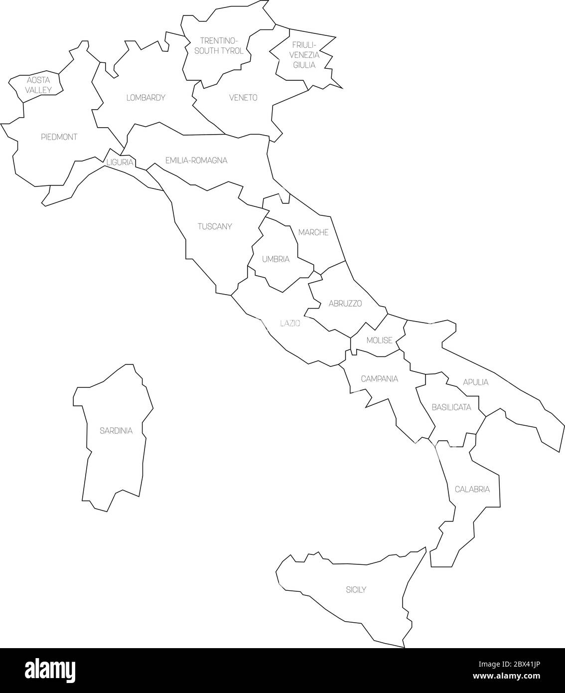Map of Italy divided into 20 administrative regions. White land, black borders and black labels. Simple flat vector illustration. Stock Vector