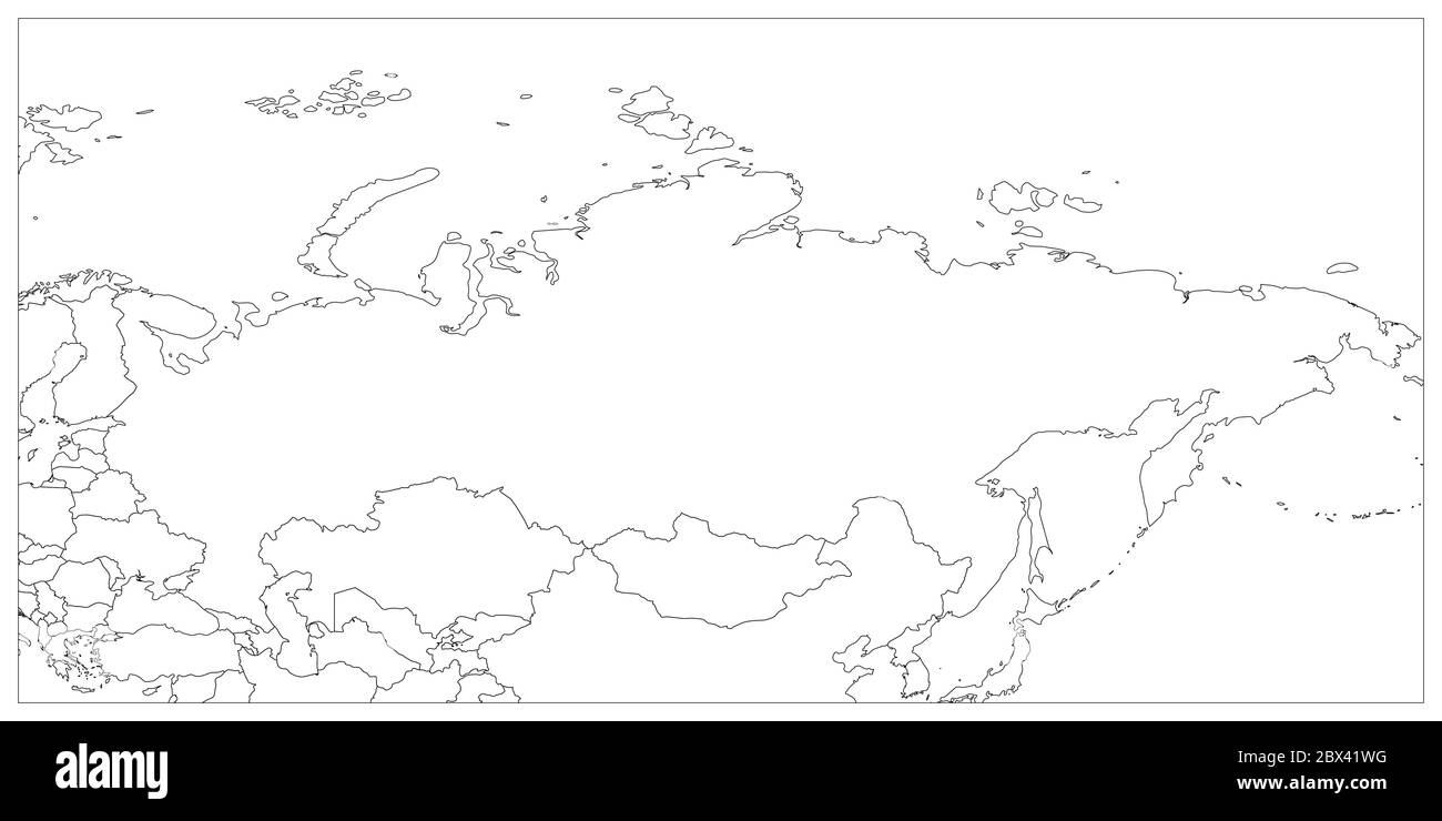 Political map of Russia and surrounding countries. Black thin outline on white background. Vector illustration. Stock Vector