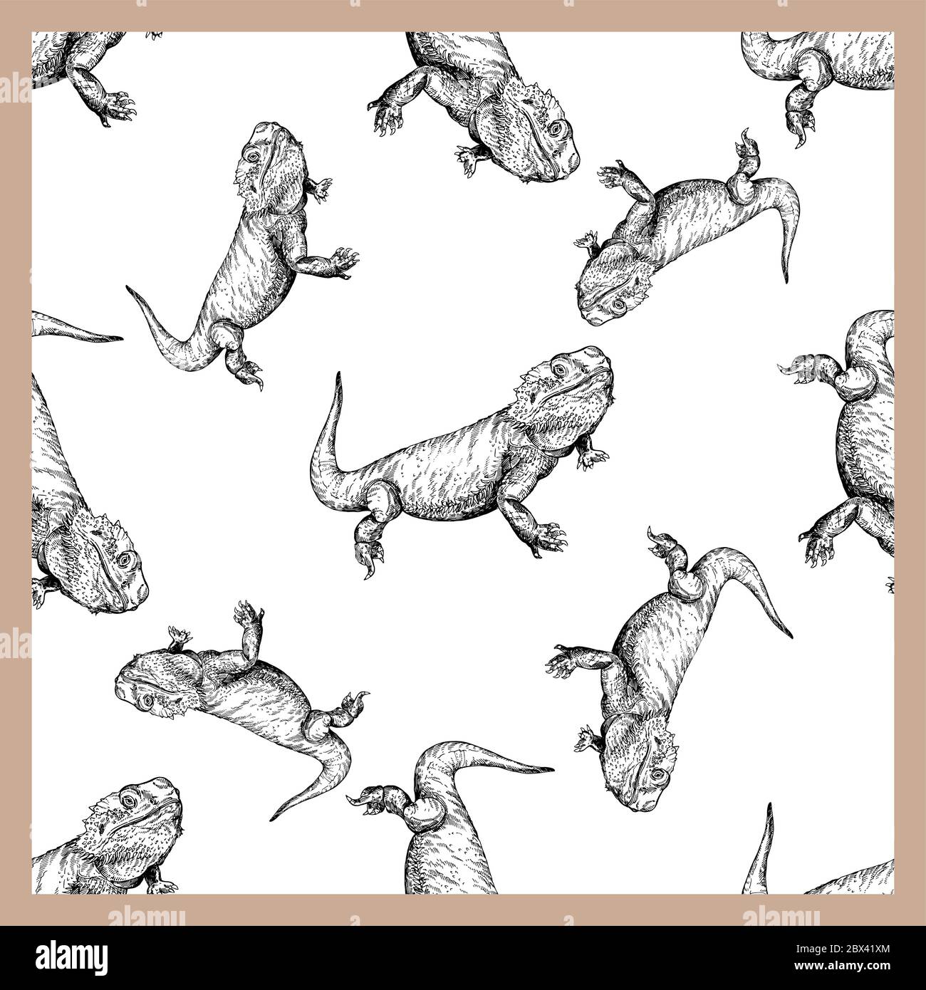 Seamless pattern of hand drawn sketch style bearded dragons isolated on white background. Vector illustration. Stock Vector