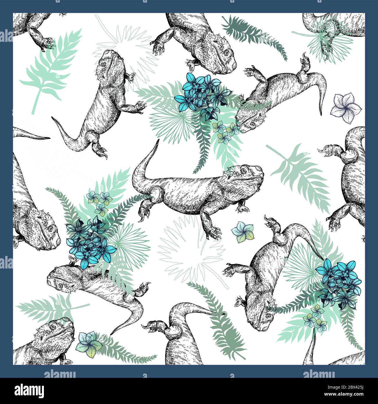 Seamless pattern of hand drawn sketch style bearded dragons and plants ...
