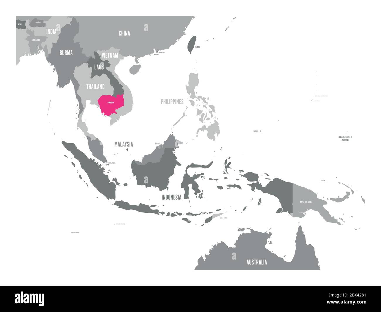 Vector map of Cambodia. Pink highlighted in Southeast Asia region. Stock Vector