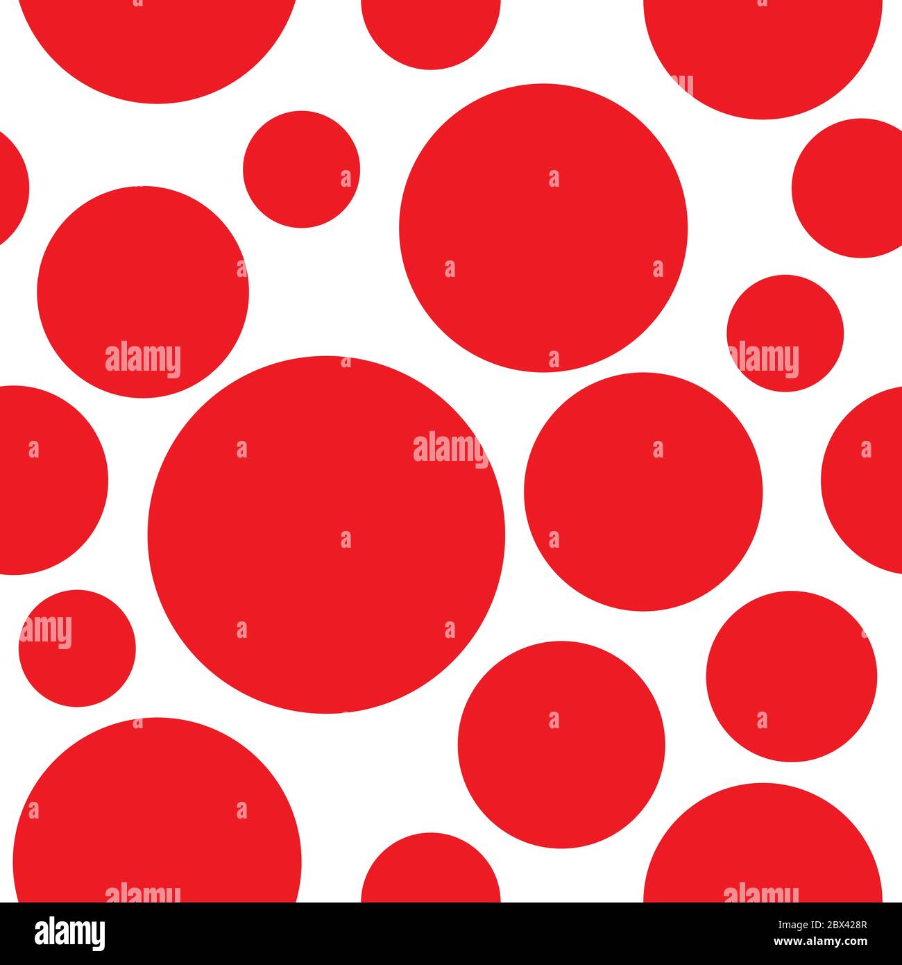 Seamless abstract pattern with big red circles and dots on white