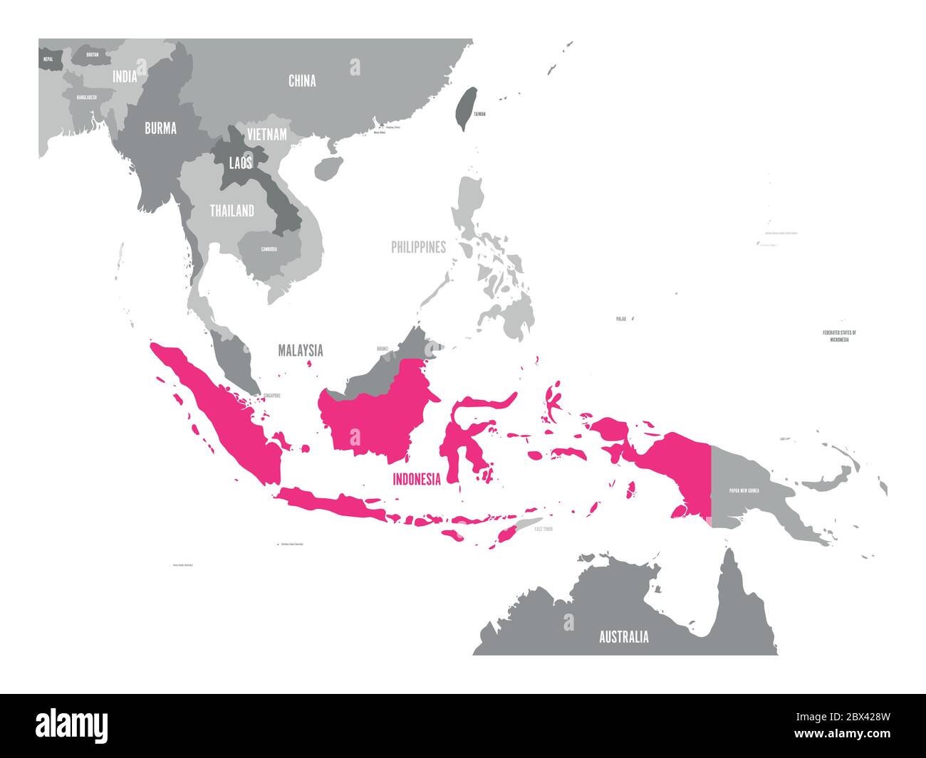 Vector map of Indonesia. Pink highlighted in Southeast Asia region. Stock Vector