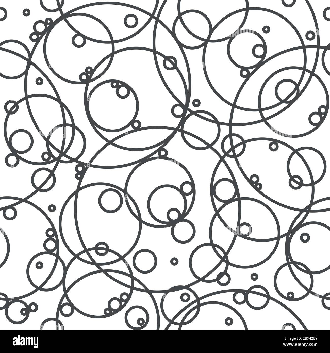 Seamless abstract pattern with black empty overlapping circles of different size. Bubbles and bulbs. White background. Vector. Calm classic design for Stock Vector