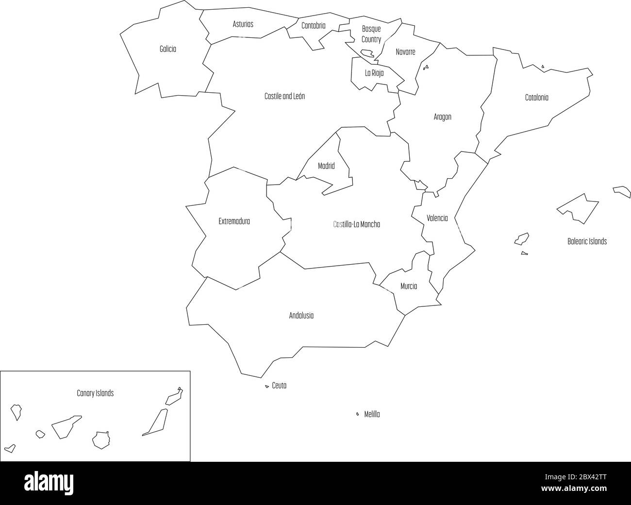 Map of Spain devided to 17 administrative autonomous communities. Simple thin black outline on white background. Stock Vector