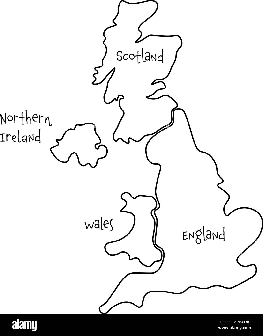 United Kingdom, aka UK, of Great Britain and Northern Ireland hand-drawn blank map. Divided to four countries - England, Wales, Scotland and NI. Simple flat vector illustration. Stock Vector