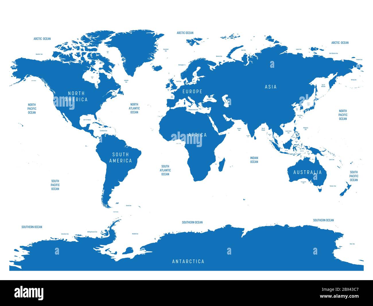 World Map Seas And Oceans Oceanographical Map Of World With Labels Of Oceans Seas Gulfs Bays And Straits Vector Map With Blue Lands And White Water 2BX43C7