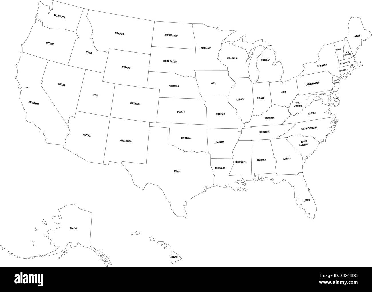Political map of United States od America, USA. Simple flat black outline vector map with black state name labels on white background. Stock Vector