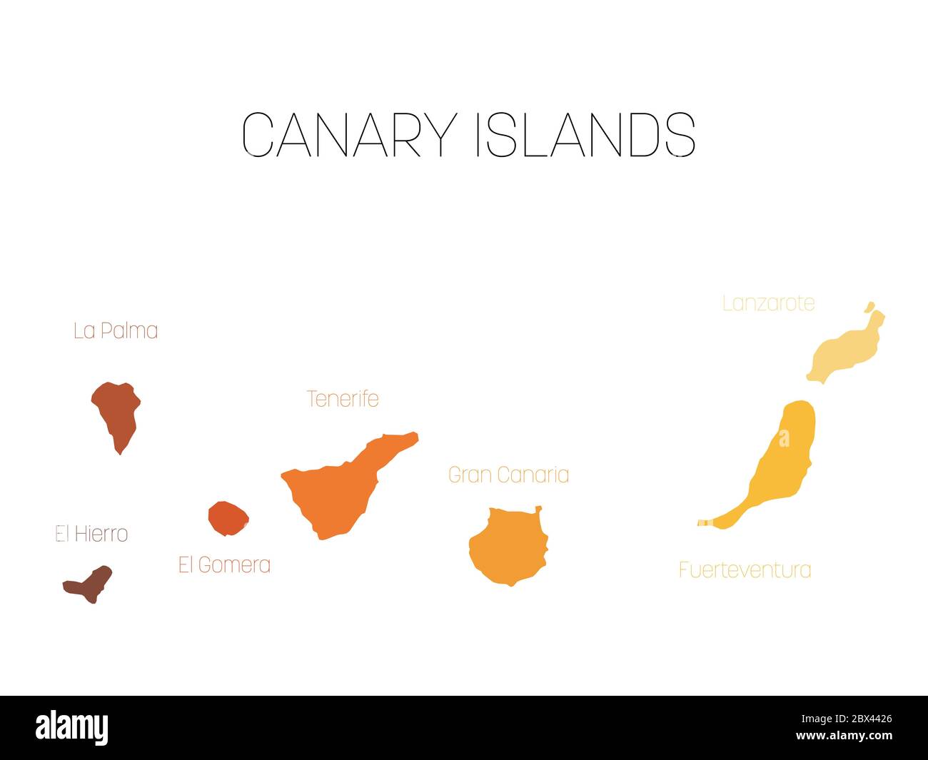 Map of Canary Islands, Spain, with labels of each island - El Hierro, La Palma, La Gomera, Tenerife, Gran Canaria, Fuerteventura and Lanzarote. Vector silhouette on white background. Stock Vector