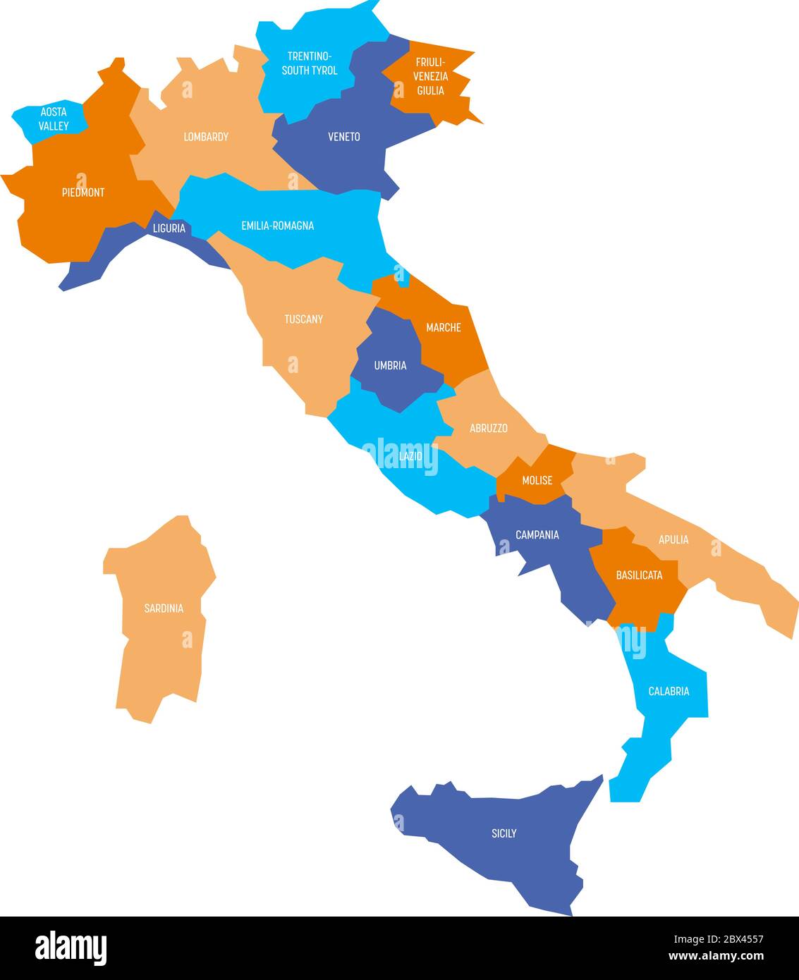 Map of Italy divided into 20 administrative regions in four colors. White labels. Simple flat vector illustration. Stock Vector