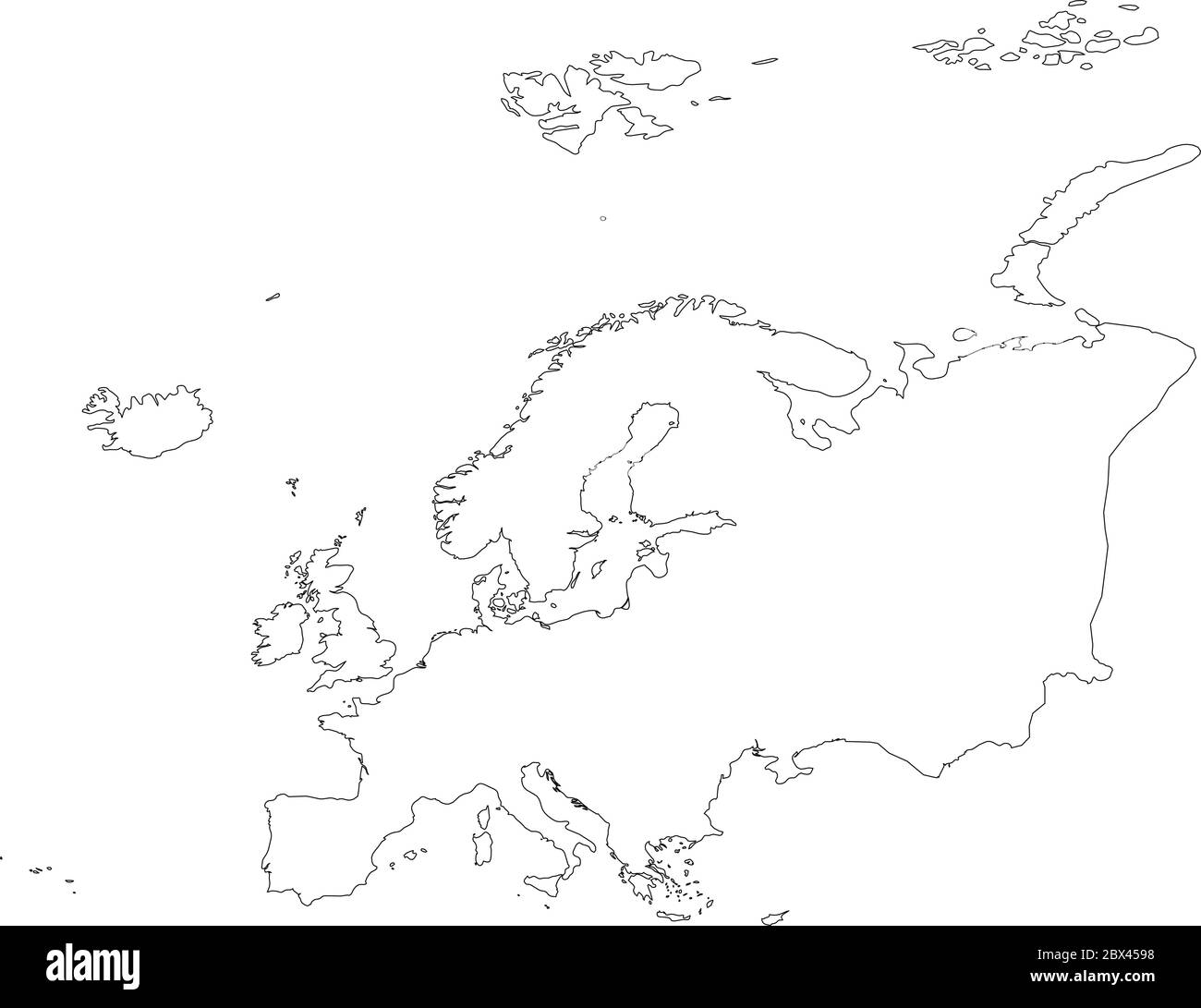 Europe thin black outline map. Contour map of continent. Simple flat vector illustration. Stock Vector