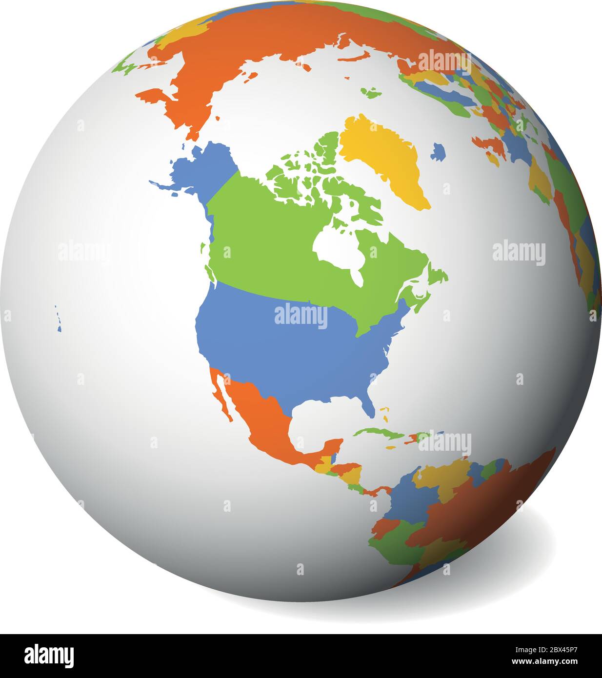 Blank political map of North America. Earth globe with colored map. Vector illustration. Stock Vector
