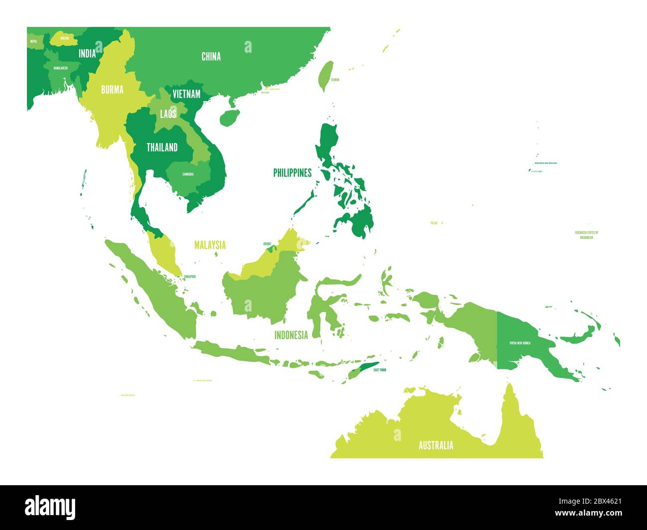 Map of Southeast Asia. Vector map in shades of green. Stock Vector