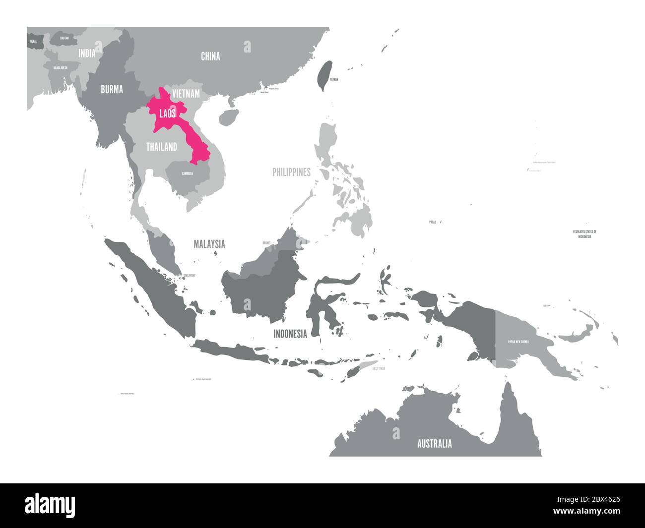 Vector map of Laos. Pink highlighted in Southeast Asia region. Stock Vector