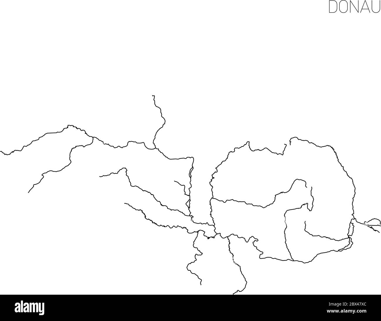 Map of Donau river drainage basin. Simple thin outline vector illustration. Stock Vector