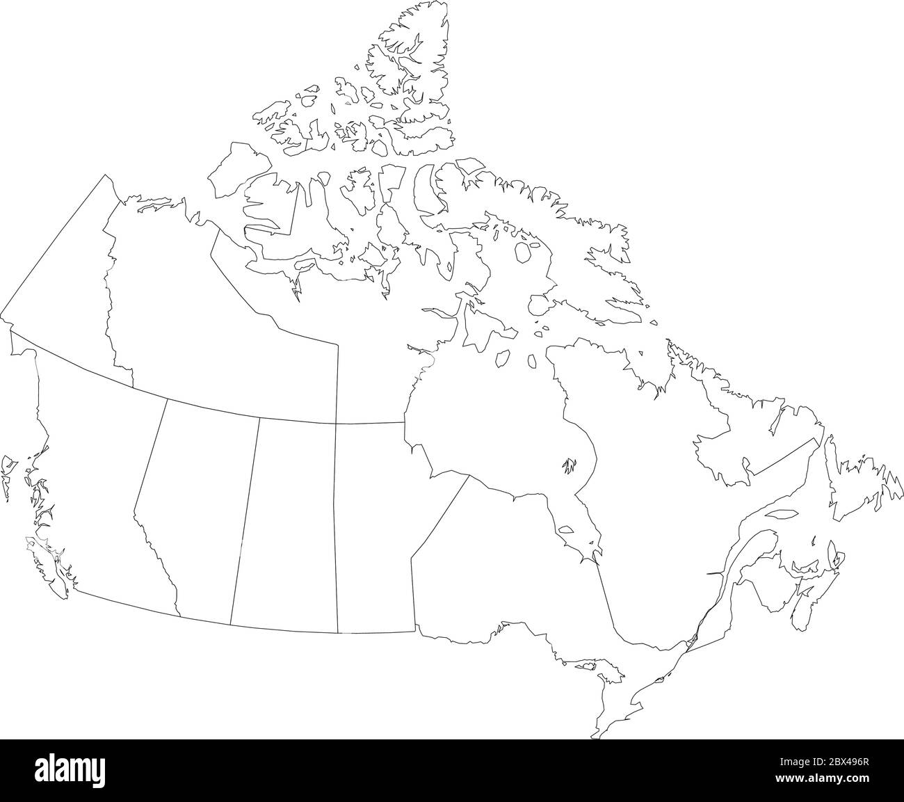 Map of Canada divided into 10 provinces and 3 territories. Administrative regions of Canada. Blank white map with black outline. Vector illustration. Stock Vector