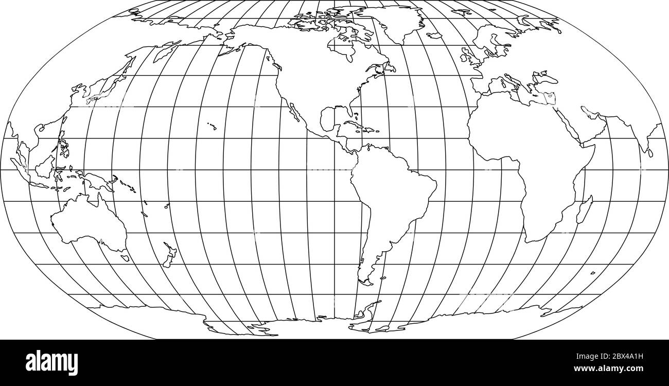 World Map in Robinson Projection with meridians and parallels grid. Americas centered. White land with black outline. Vector illustration. Stock Vector