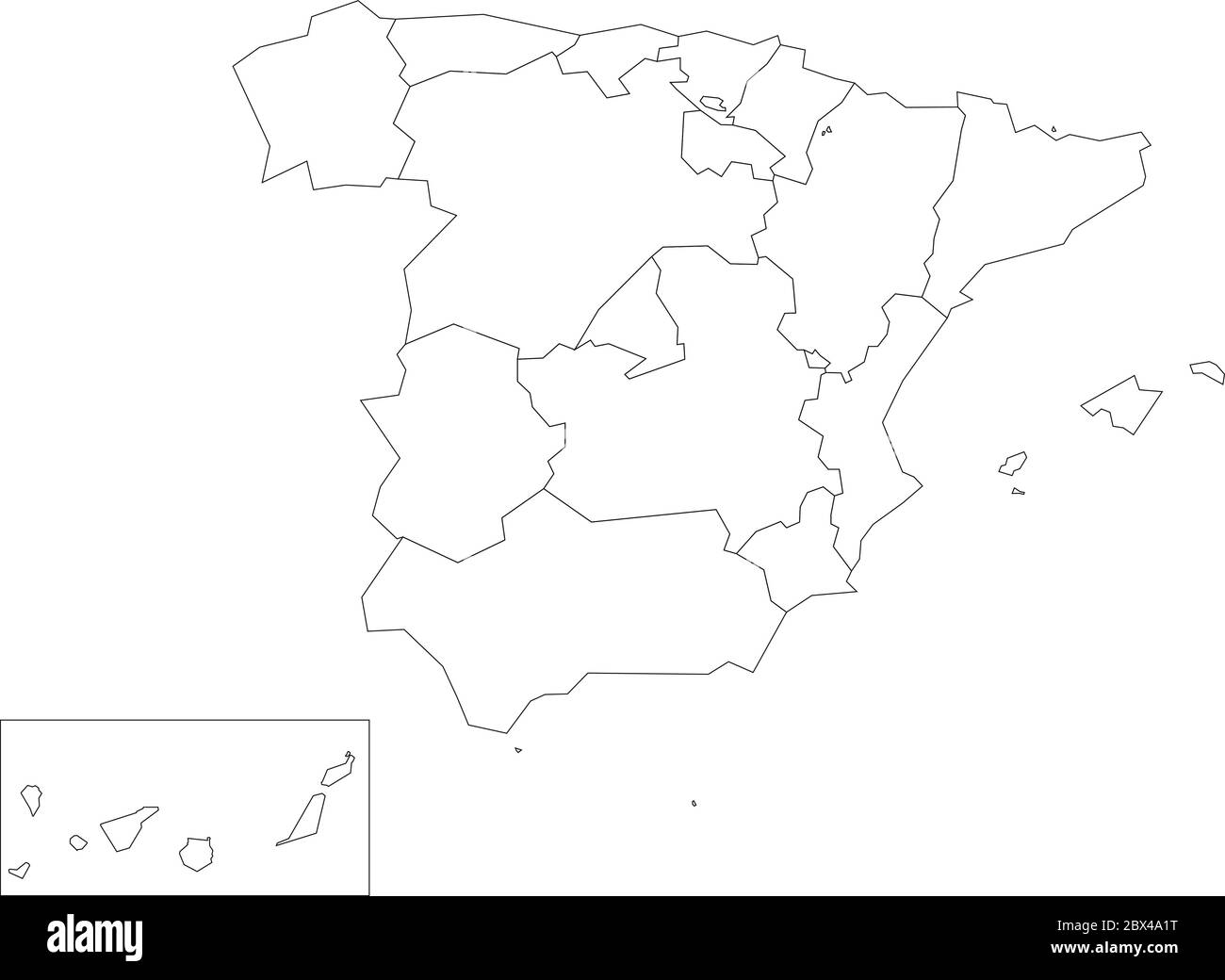 Map of Spain devided to 17 administrative autonomous communities. Simple thin black outline on white background. Stock Vector