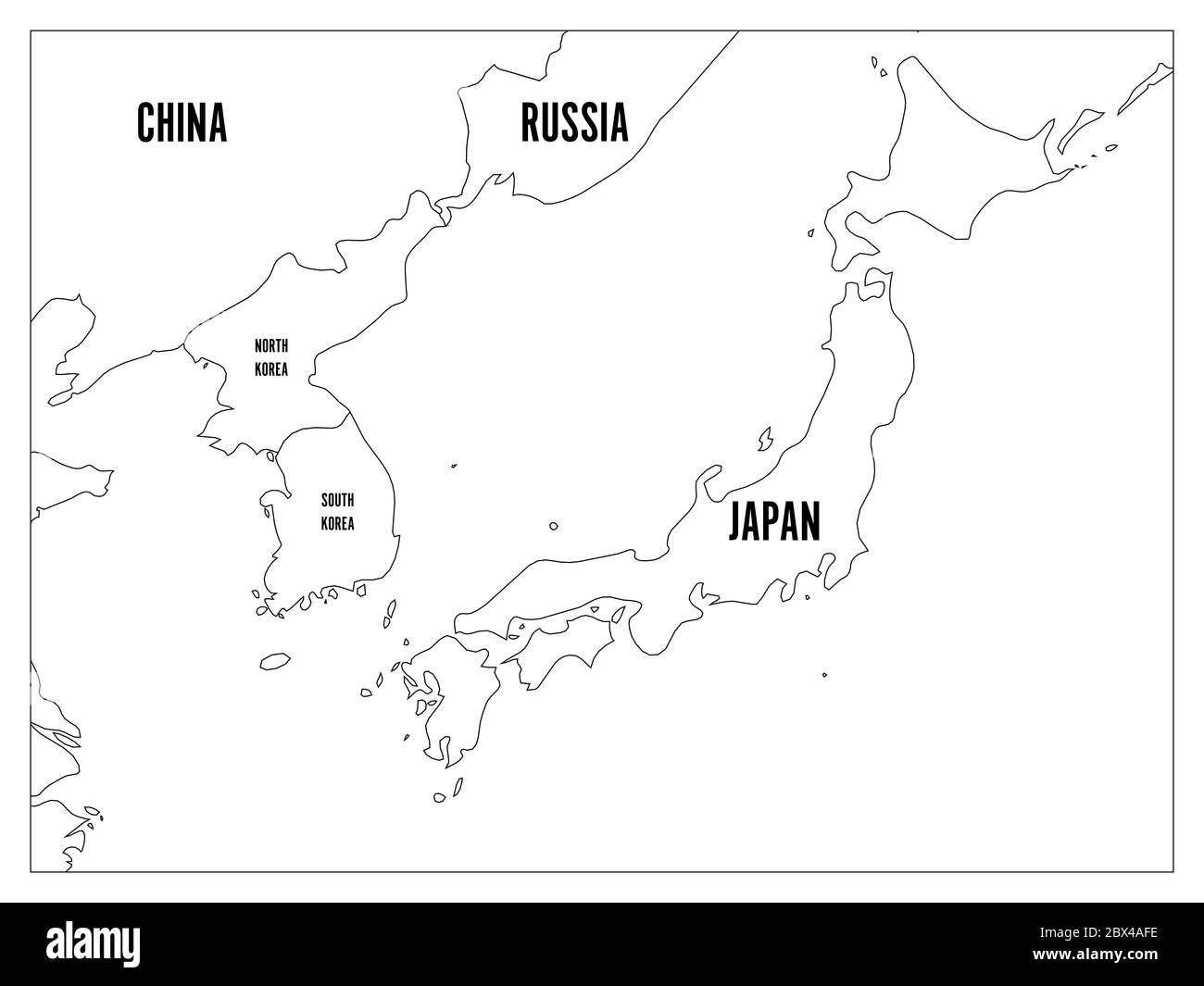 Political map of Korean and Japanese region, South Korea, North Korea and Japan. Black outline map with black labeling on white background. Vector illustration. Stock Vector