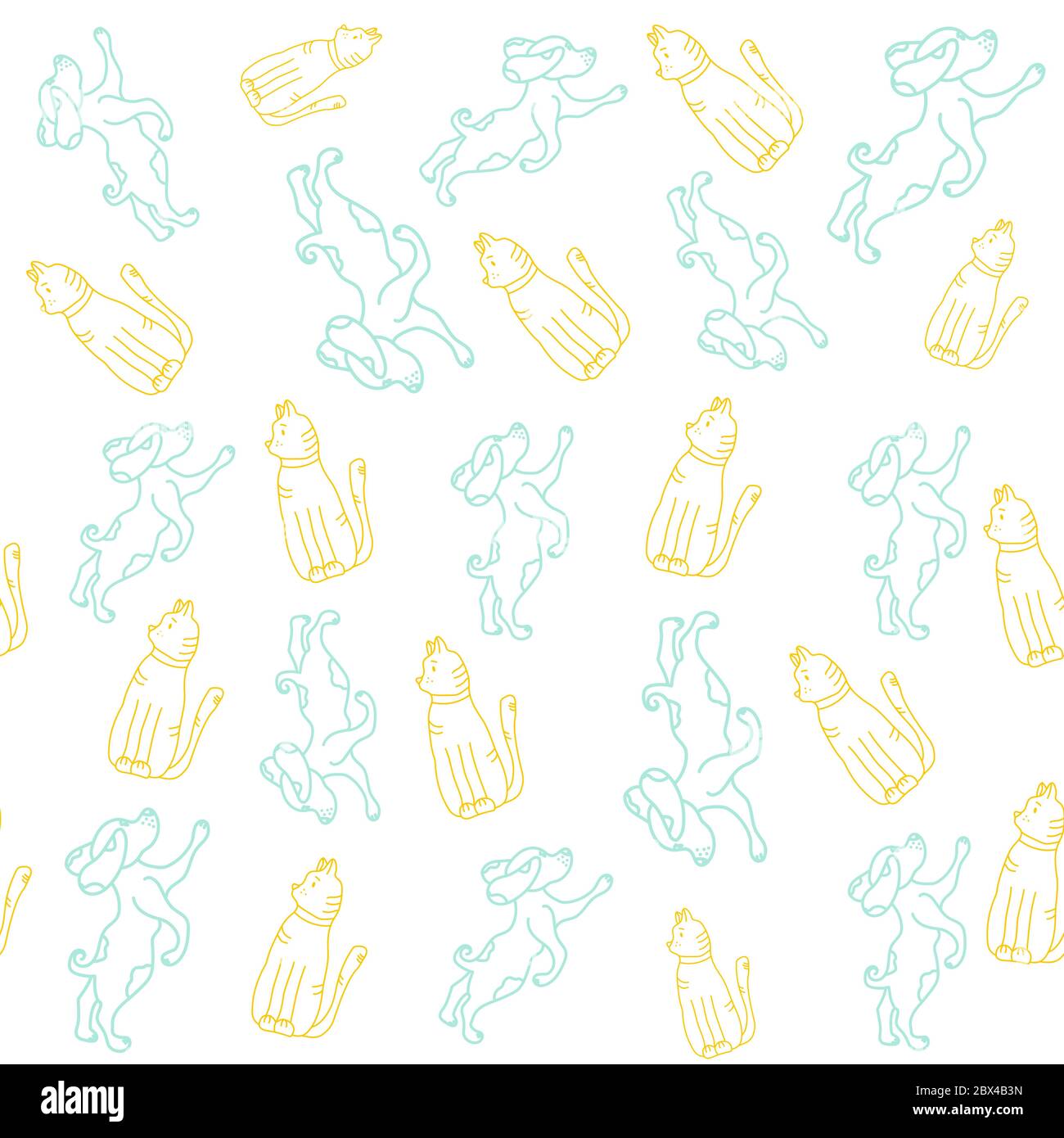 Animal seamless pattern. Pets Blue dog and yellow cat. Outline. Can be used for baby, fashion design, shirts, fashion print, fashion, t-shirt, packagi Stock Vector