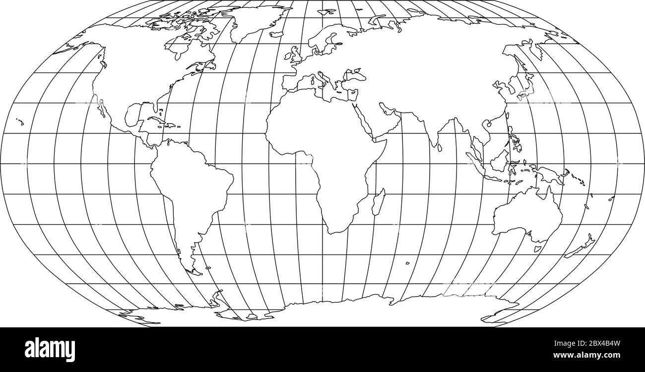 World Map in Robinson Projection with meridians and parallels grid. White land with black outline. Vector illustration. Stock Vector