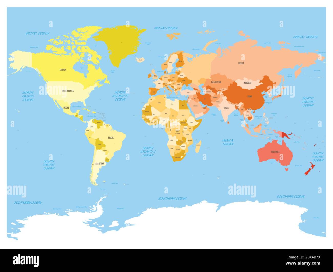 World map atlas. Colored political map with blue seas and oceans. Vector illustration Stock