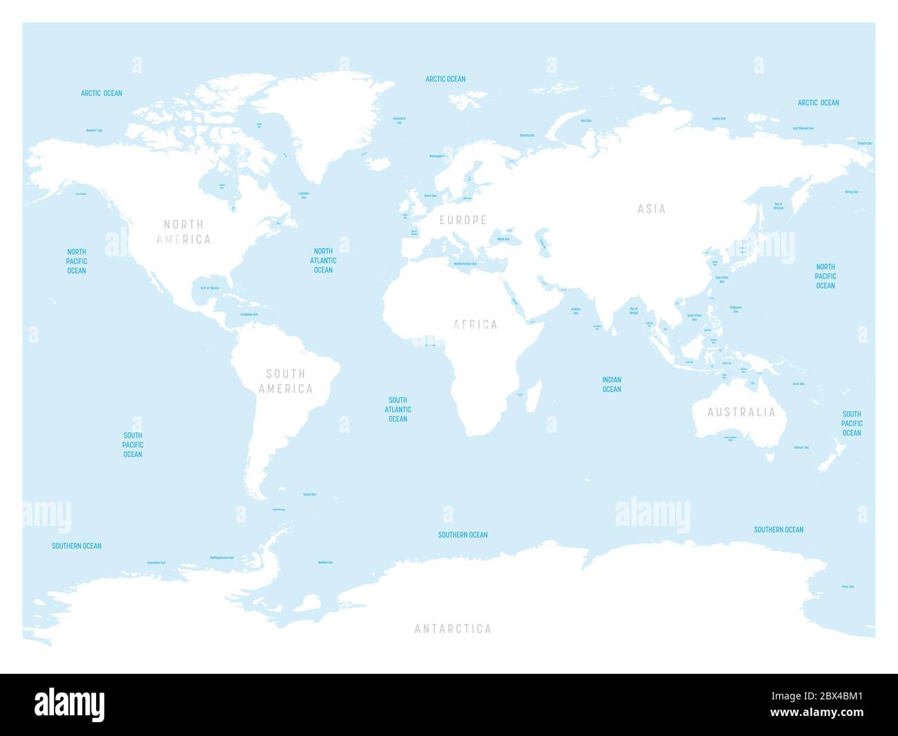 High detailed World map. With labels of main oceans, seas, gulfs, bays and straits. Vector map with white lands and blue water. Stock Vector
