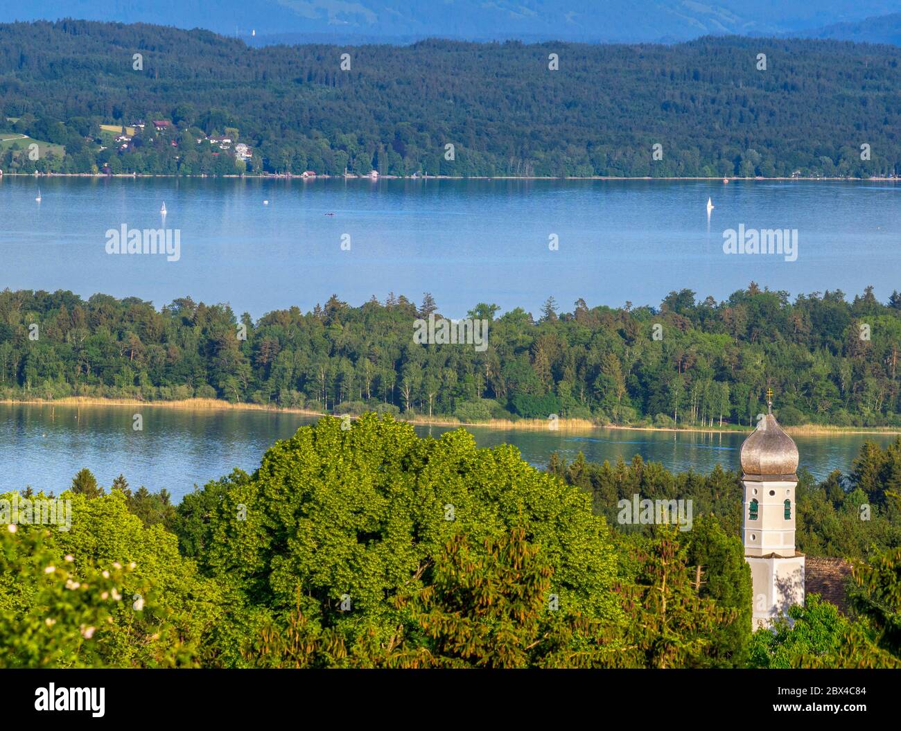 View from the Ilkahöhe near Tutzing, Lake Starnberg, Fünfseenland, Upper Bavaria, Bavaria, Germany, Europe Stock Photo