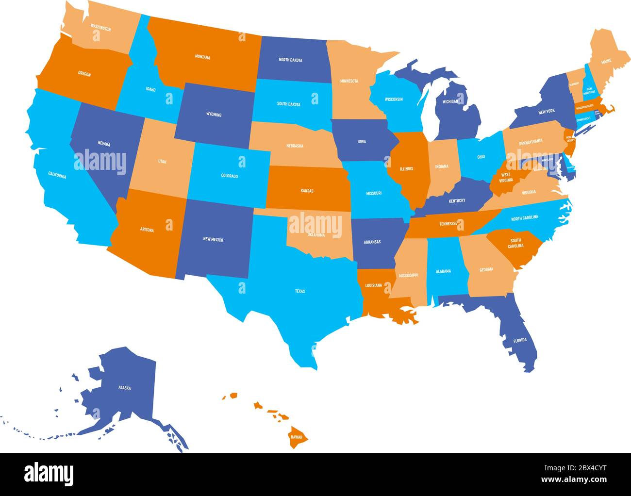 Political map of USA, United States of America. Colorful with white state names labels on white background. Vector illustration. Stock Vector