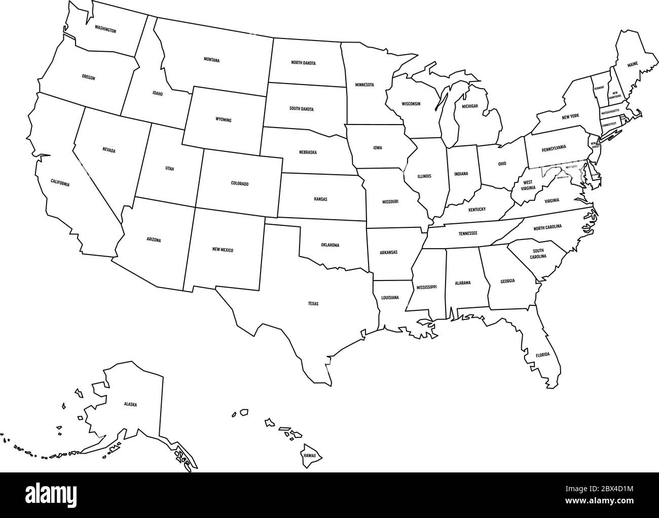 Political map of United States od America, USA. Simple flat black outline vector map with black state name labels on white background. Stock Vector