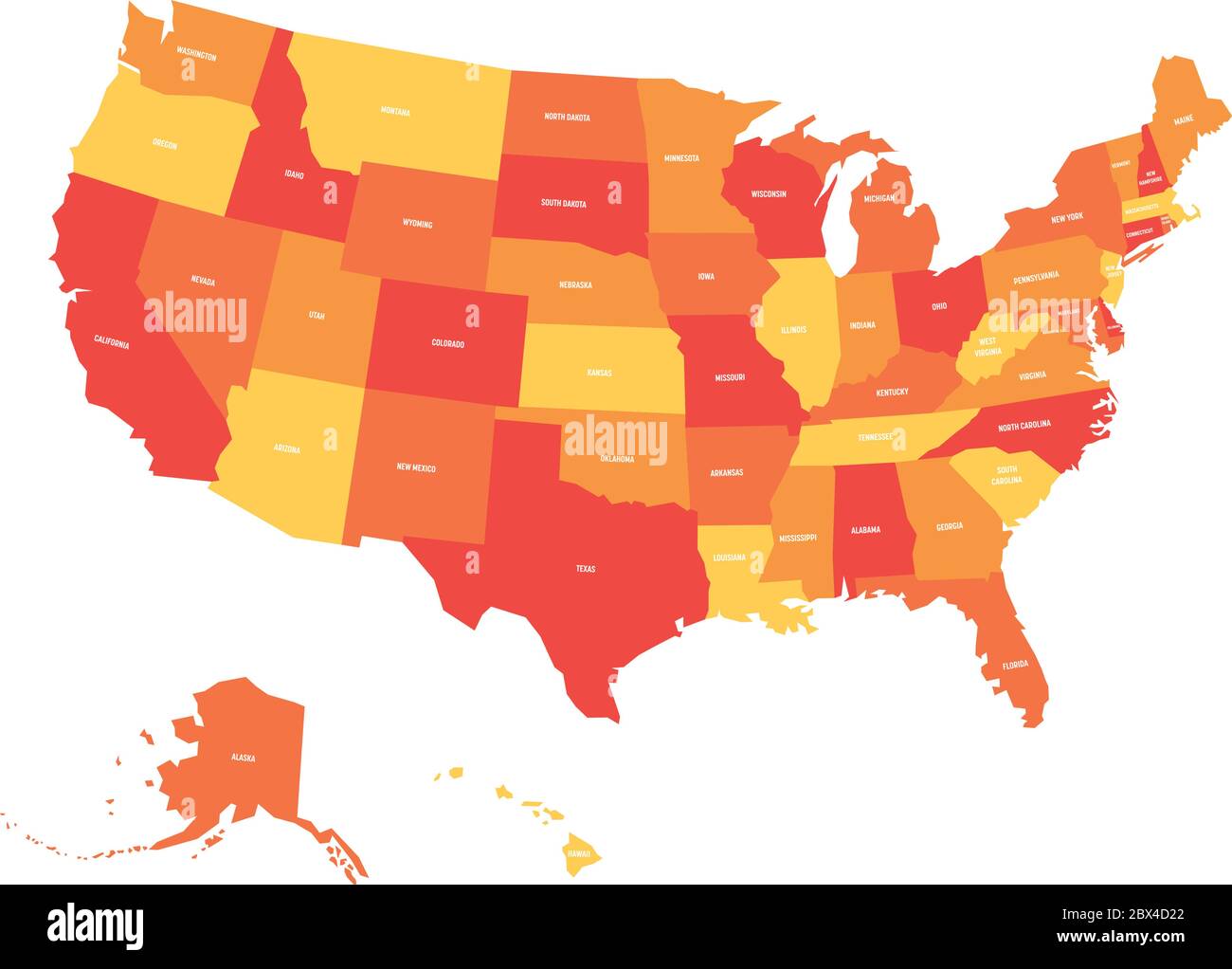 Map of United States of America, USA, in four shades of orange and red with white state labels. Simple flat vector illustration isolated on white background. Stock Vector