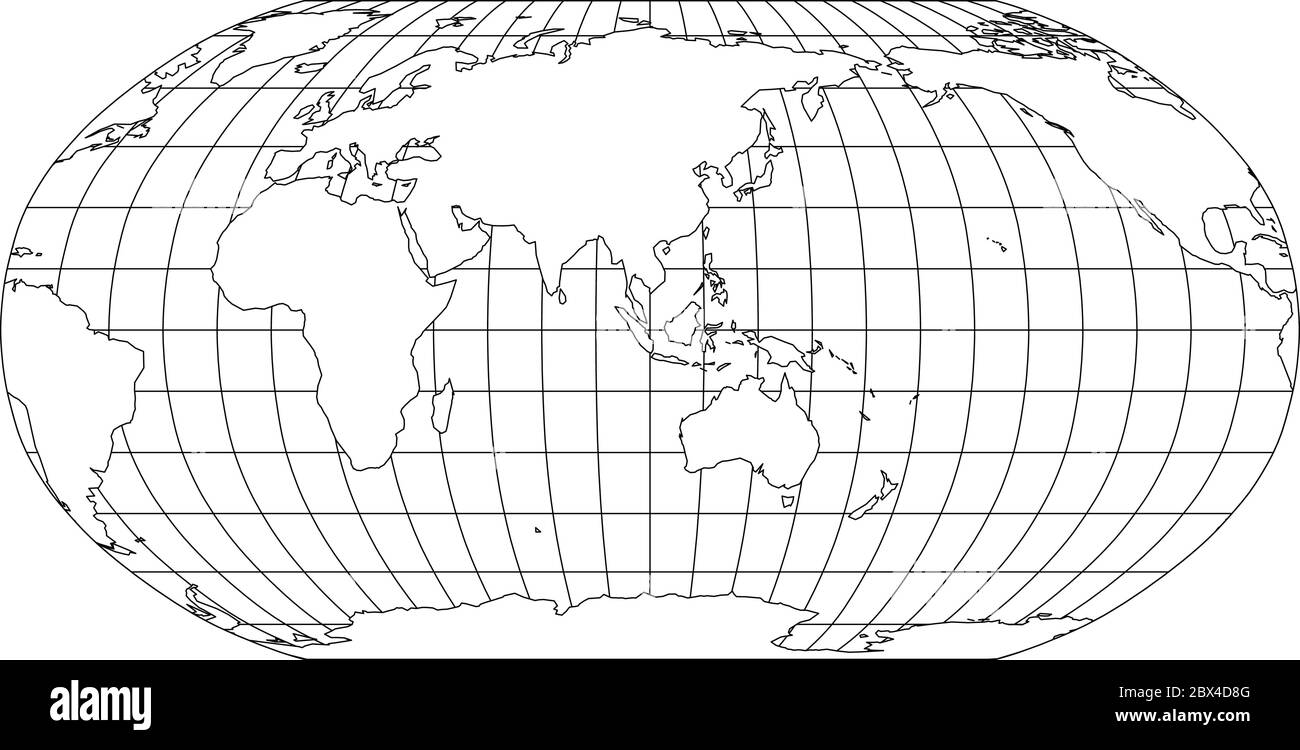 World Map in Robinson Projection with meridians and parallels grid. Asia and Australia centered. White land with black outline. Vector illustration. Stock Vector