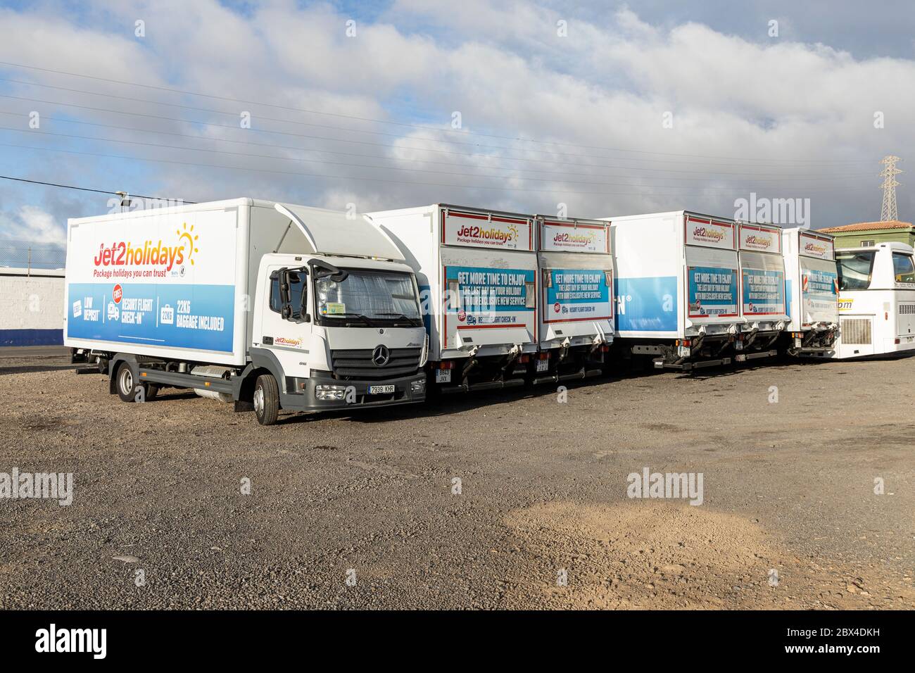 Jet2, jet 2, jet two, trucks parked up, disused due to the island being closed to tourism during the covid 19, corona virus, state of emergency, Tener Stock Photo