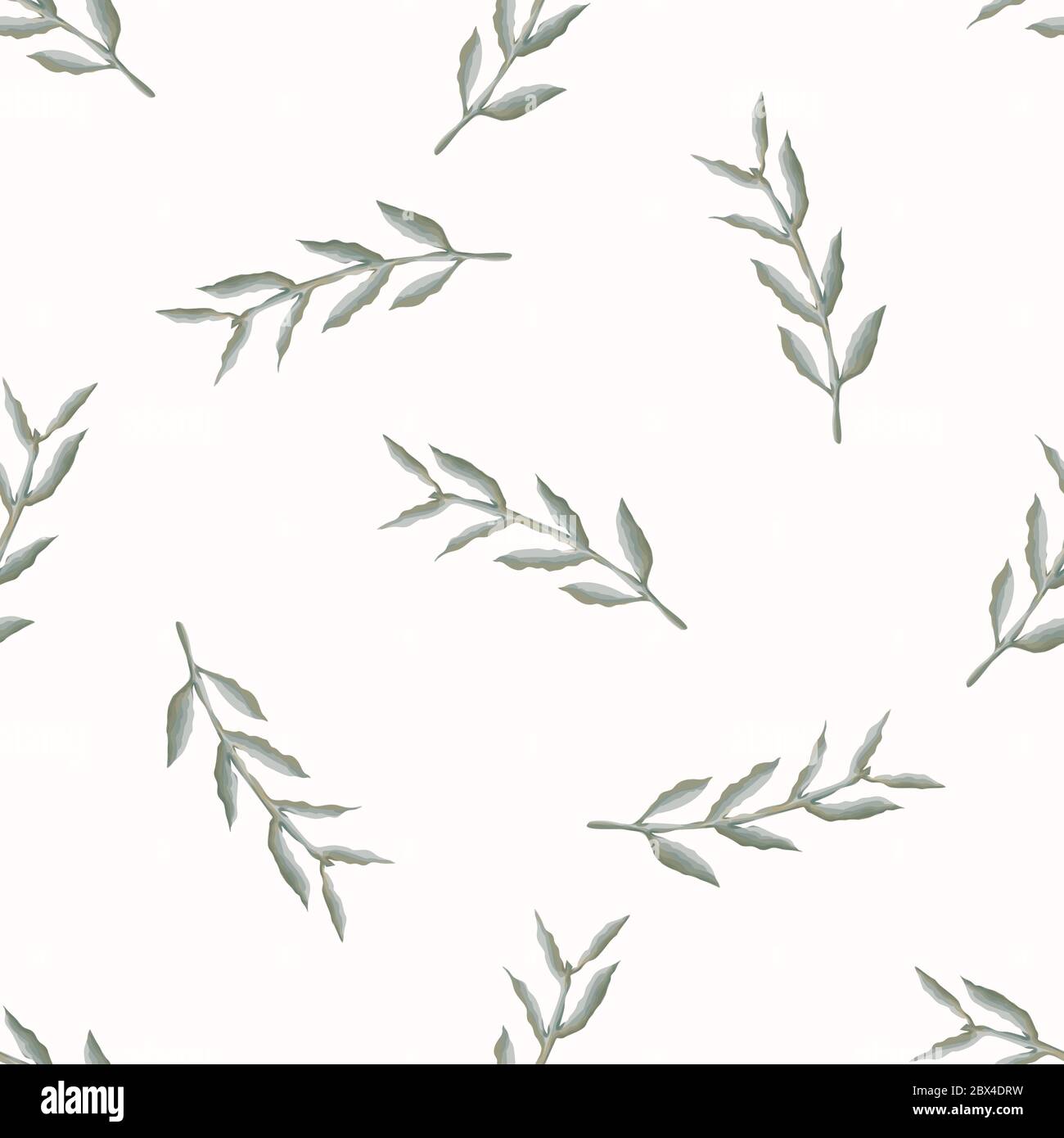 Watercolor Stem Leaf Motif Background. Seamless Pattern Sage Green on