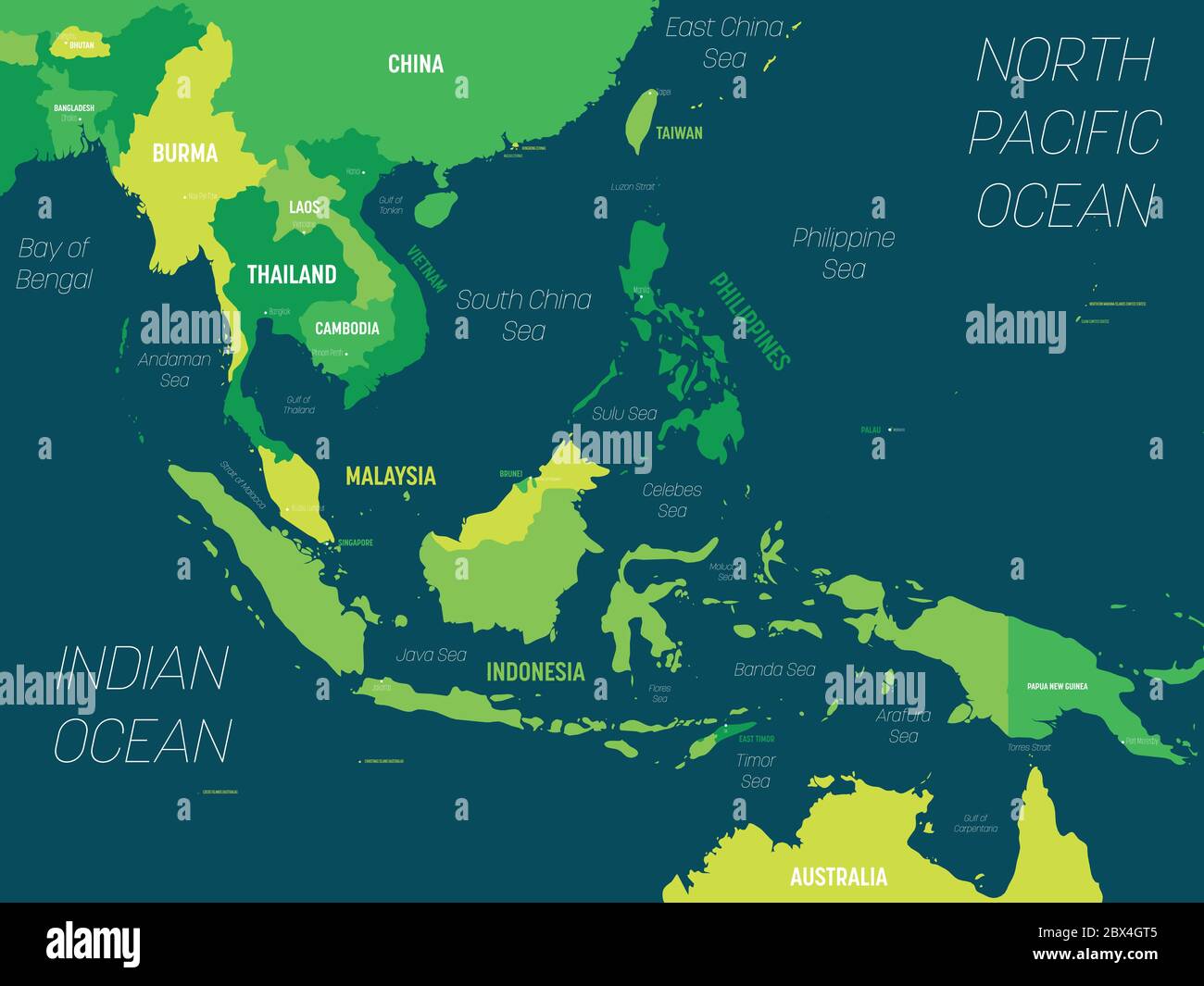 Southeast Asia map - green hue colored on dark background. High detailed political map of southeastern region with country, capital, ocean and sea names labeling. Stock Vector