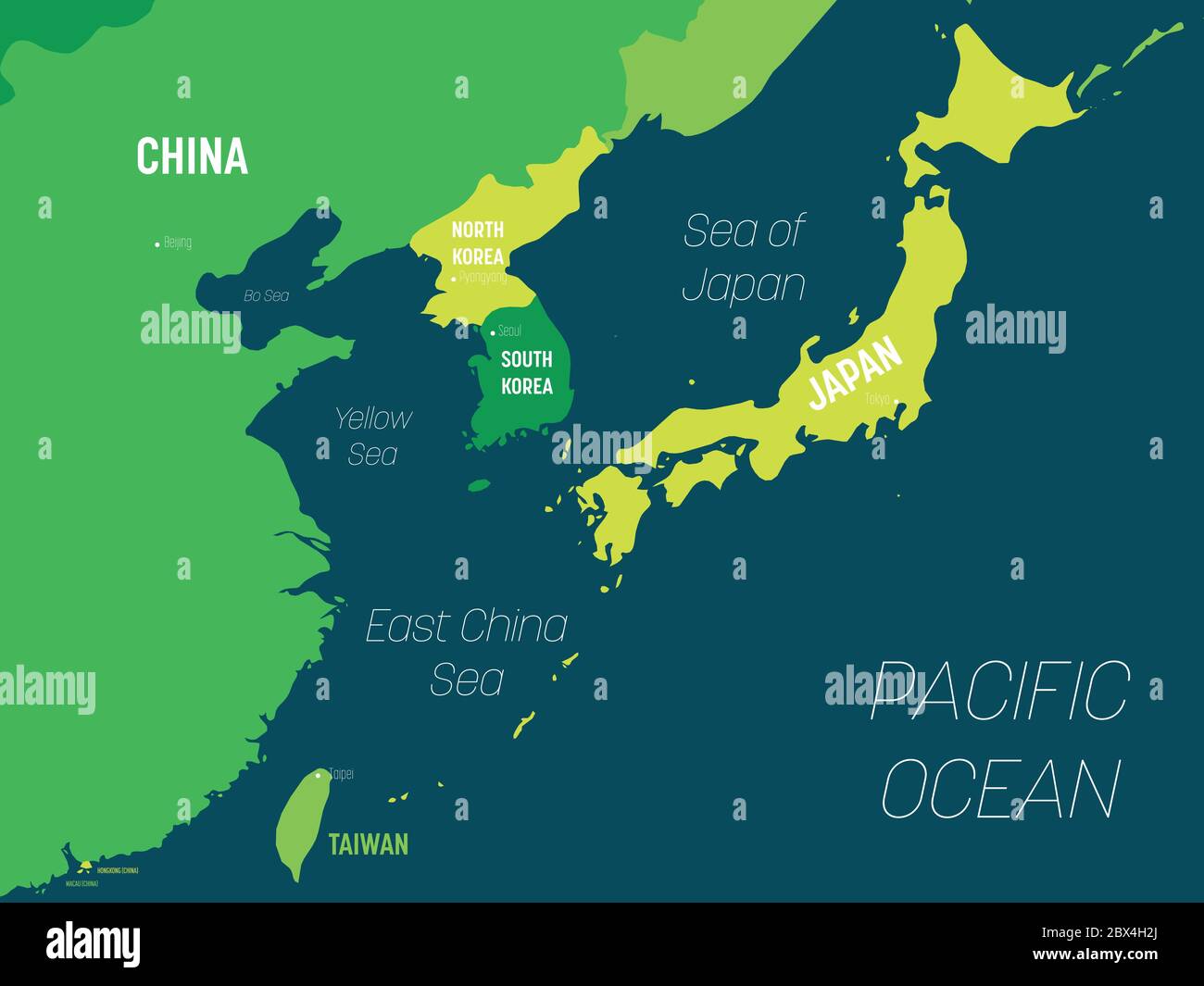East Asia map - green hue colored on dark background. High detailed political map of eastern region with country, capital, ocean and sea names labeling. Stock Vector