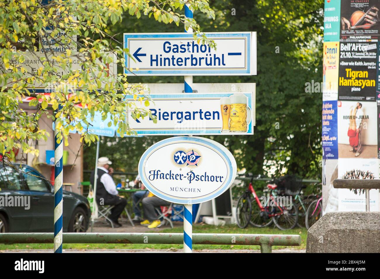 Munich,Germany-September 24,2017: Signs on a street show the way to a nearby beergarten in Munich Stock Photo