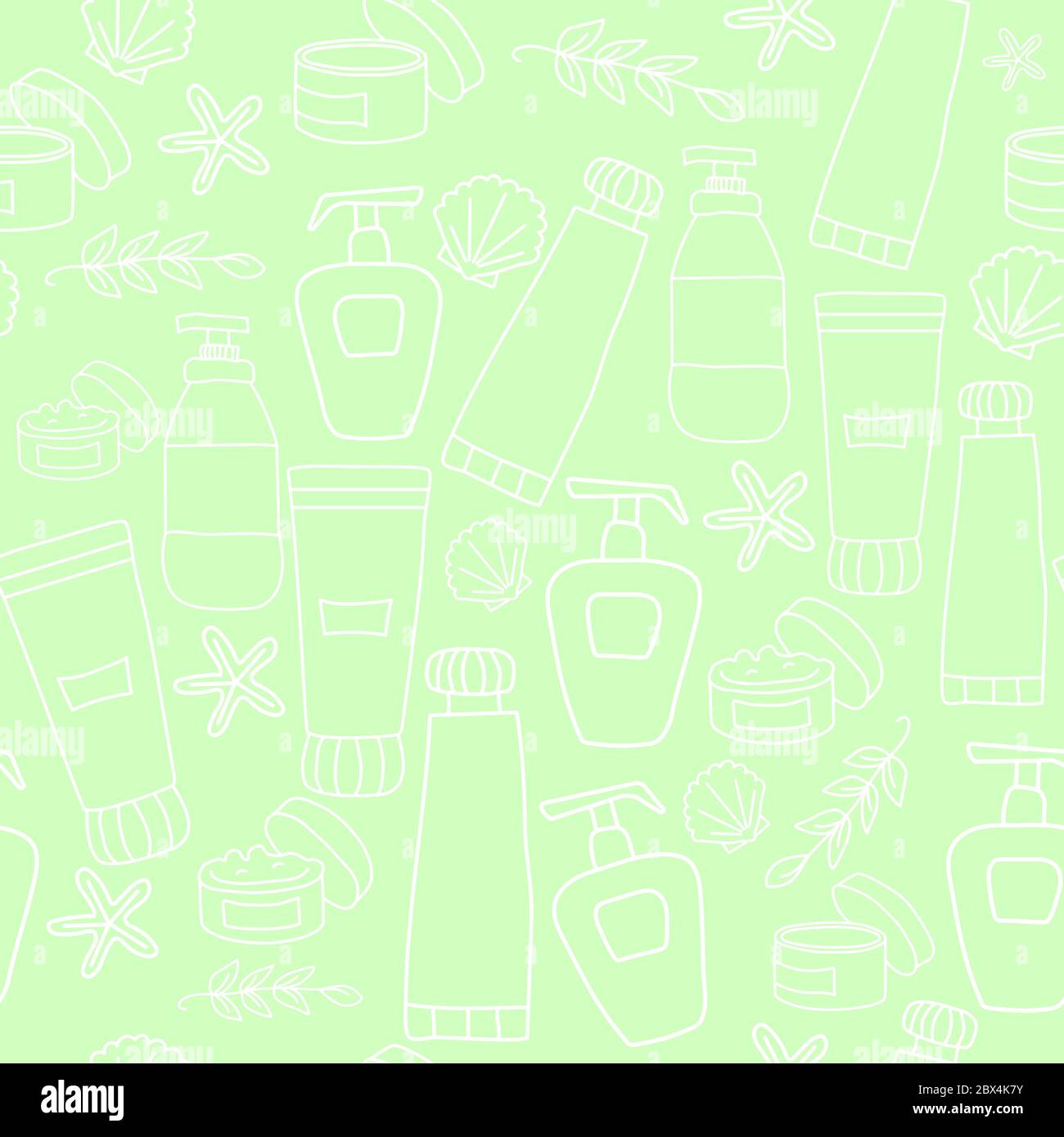 Seamless pattern of beauty and cosmetics icons. Creams and bottles, seashells. Vector outline illustration on a green gentle background. Stock Vector