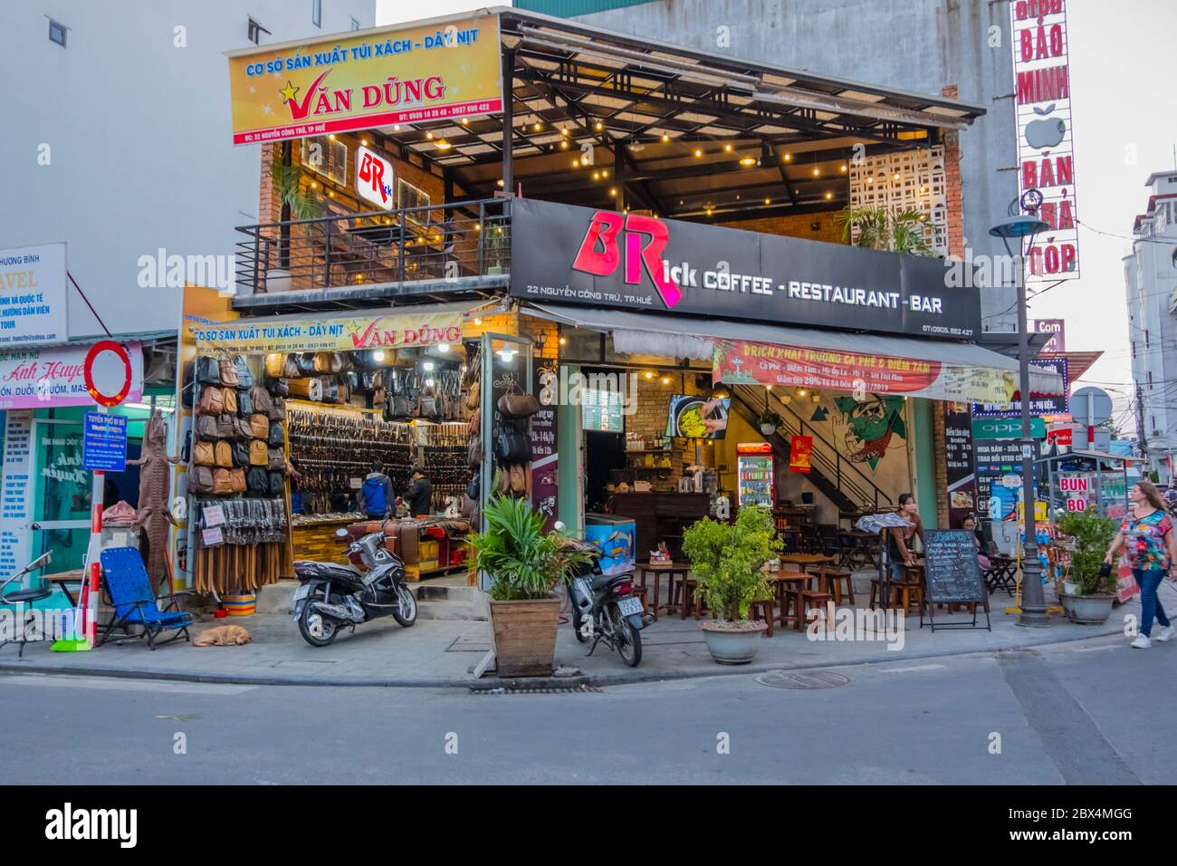 Restaurants, shops, Nguyen Cong Tru street, Hue, Vietnam Stock Photo