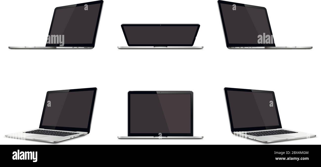 Laptop set isolated. Perspective, top and front view with blank screen ...