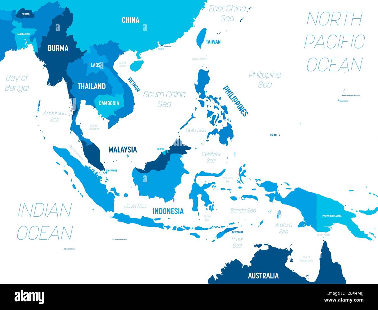 Southeast Asia map - green hue colored on dark background. High detailed political map of southeastern region with country, capital, ocean and sea names labeling. Stock Vector