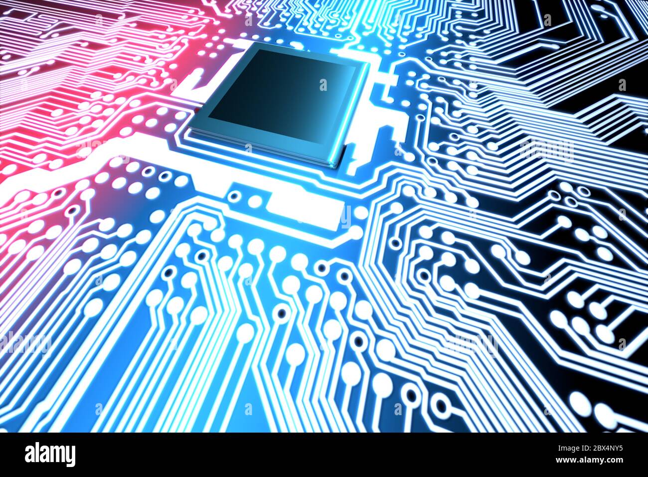 Digital render of a circuit board with red and blue lighting Stock