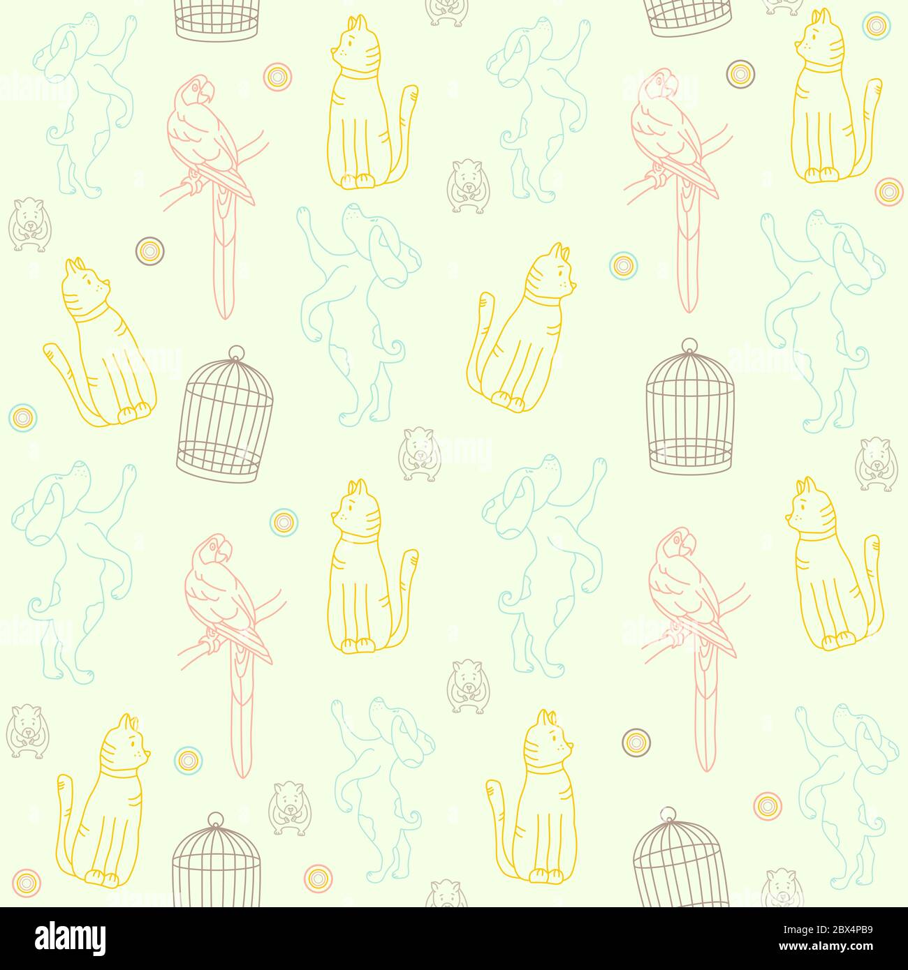 Animal seamless pattern. Pets Hamster and parrot, dog, cat and cage. Outline drawing. Can be used for baby and fashion design, t-shirt, packaging, dec Stock Vector