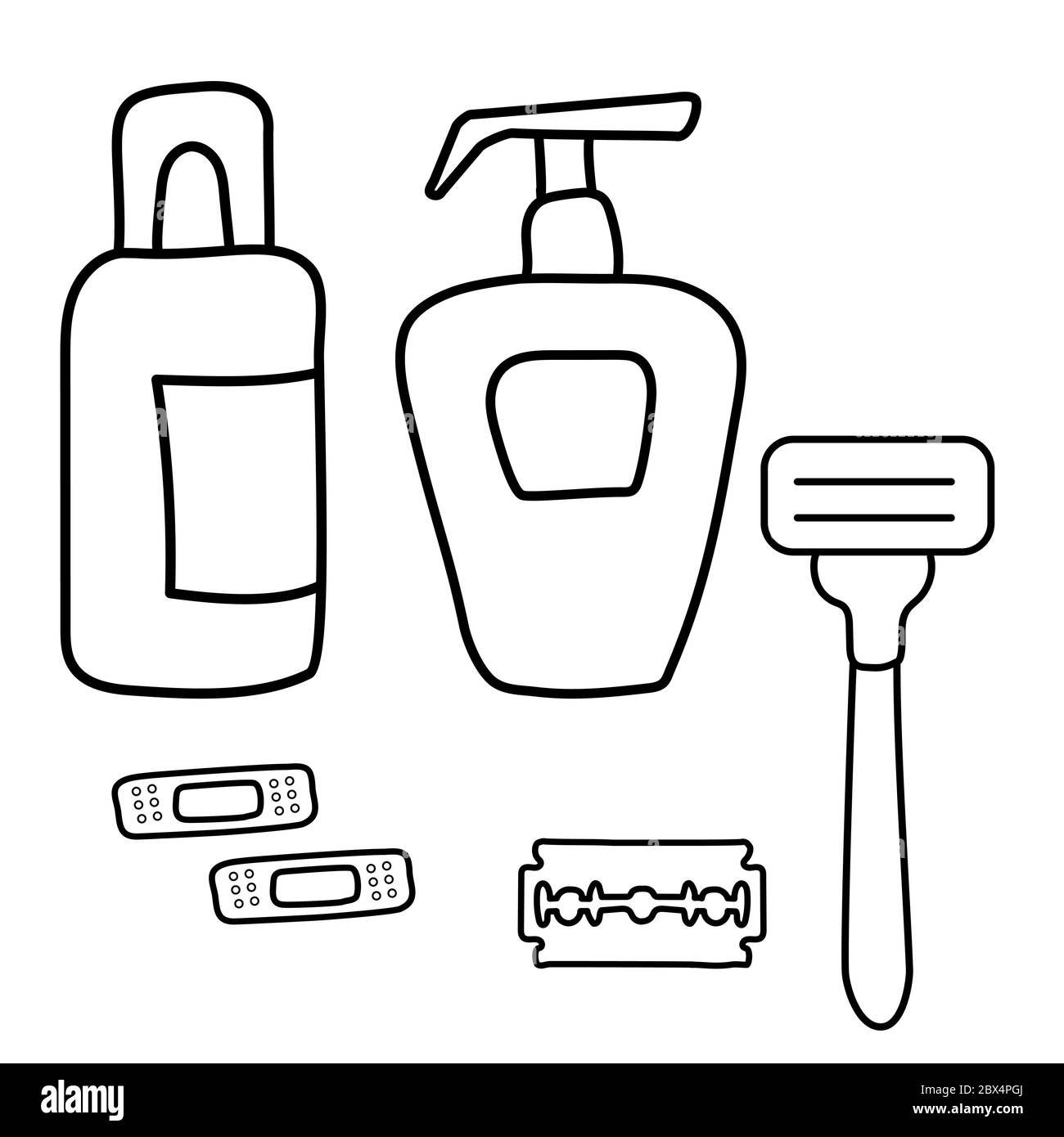 Beauty and fashion set. Contour drawings of cosmetics for the body. Shaving and hair removal. Cream and tonic, razor and blade and band-aid from cuts Stock Vector